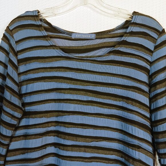 Cut Loose Blue Black Textured Stripe Tunic Top Rayon Blend Long Sleeves Size S - Picture 2 of 7